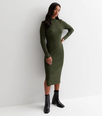 Petite Khaki Ribbed Knit High Neck Midi Dress | New Look