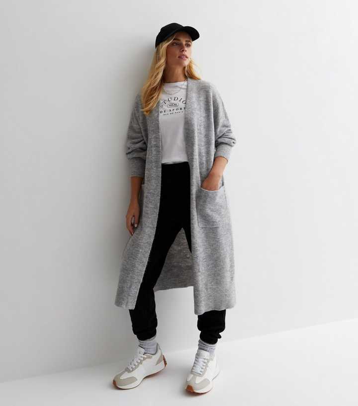 Petite Grey Knit Pocket Front Long Cardigan