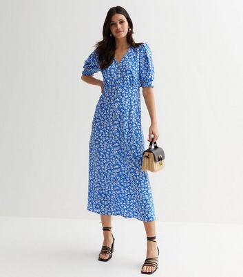 Blue floral 2025 v neck dress