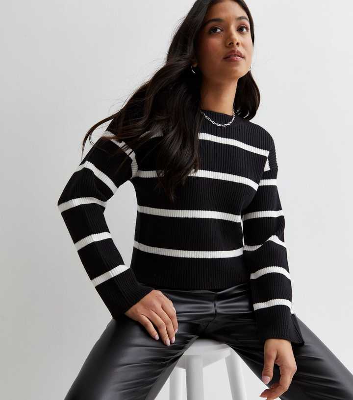 Petite Black Ribbed Knit Stripe Crew Neck Jumper New Look