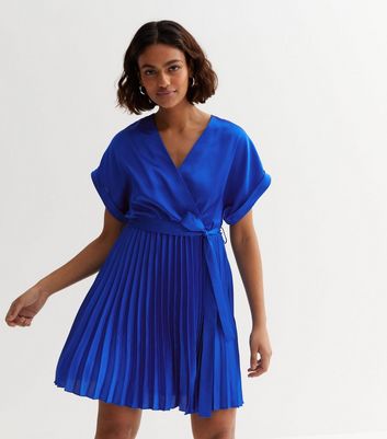 Petite Blue Satin Pleated Mini Wrap Dress New Look
