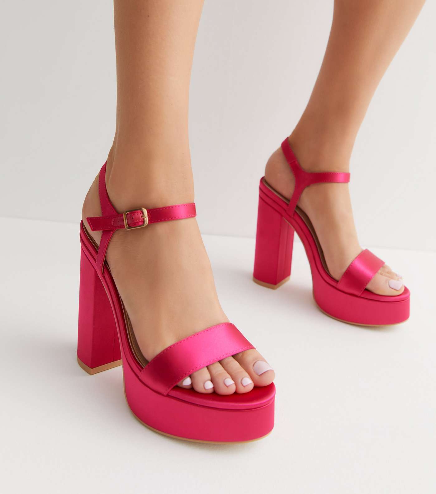 Little Mistress Bright Pink Satin Platform Block Heel Sandals Image 2