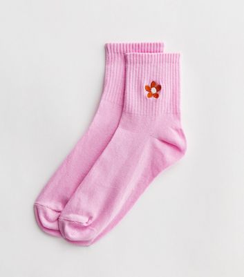 Pink Embroidered Flower Tube Socks New Look