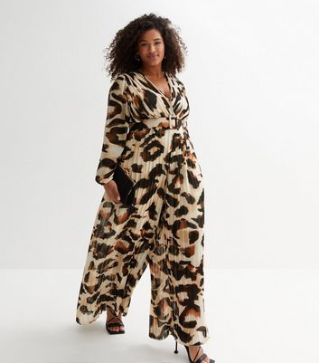 Curves Brown Leopard Print Pleated Jumpsuit New Look