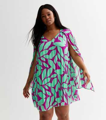 Curves Purple Leaf Print Pleated Mini Cape Dress