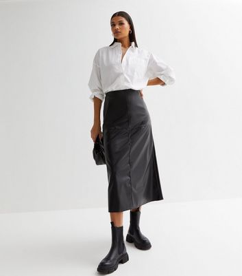 Black Leather-Look High Waist A Line Midi Skirt