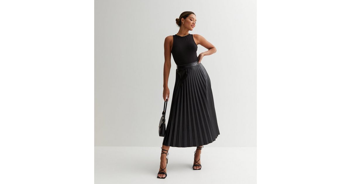 Black Leather-Look Pleated High Waist Midi Skirt