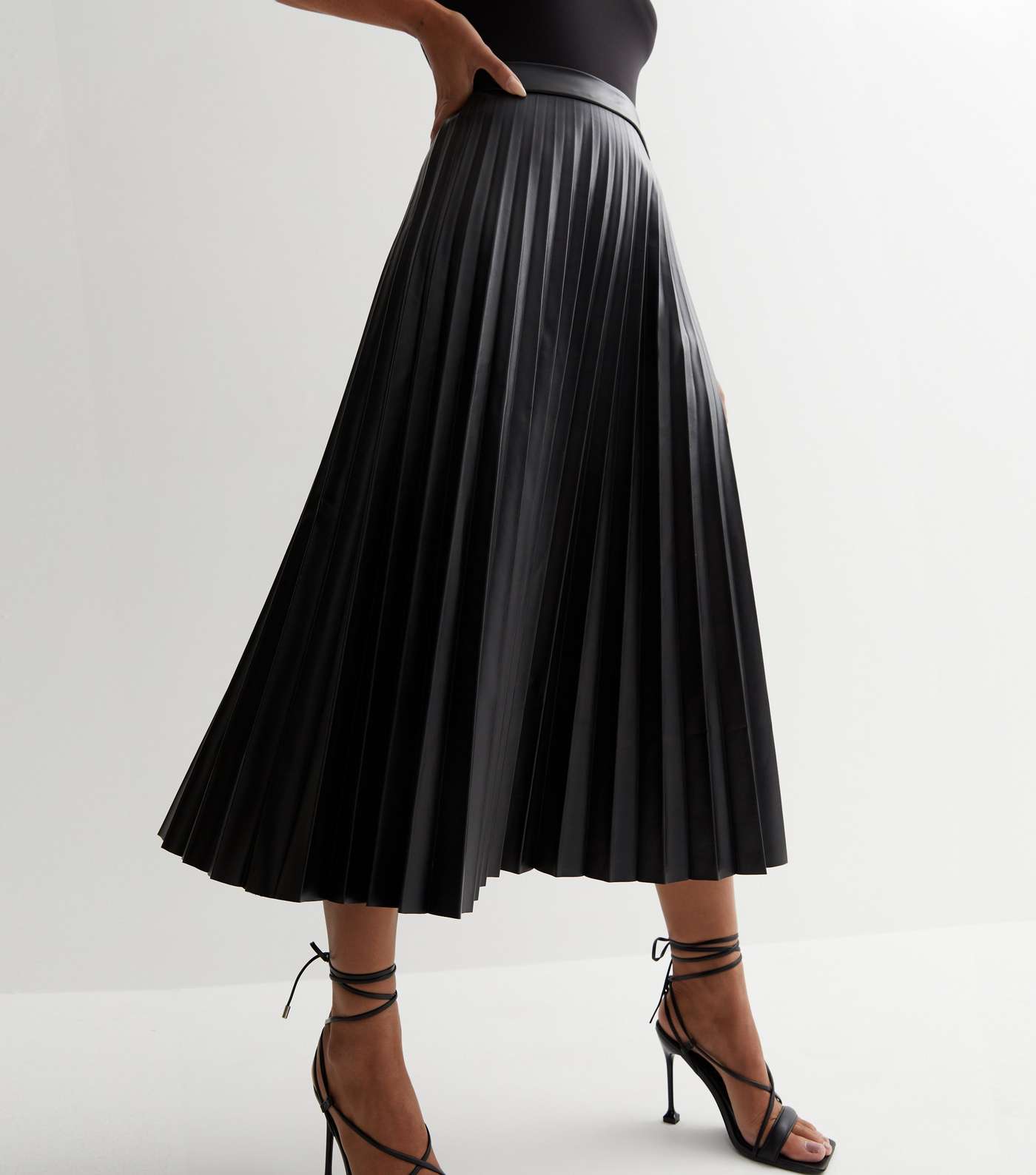 Black Leather-Look Pleated High Waist Midi Skirt Image 3