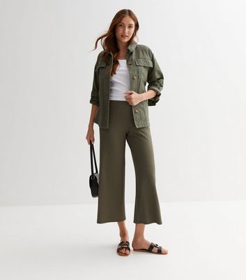 Khaki Ribbed Wide Leg Crop Trousers New Look