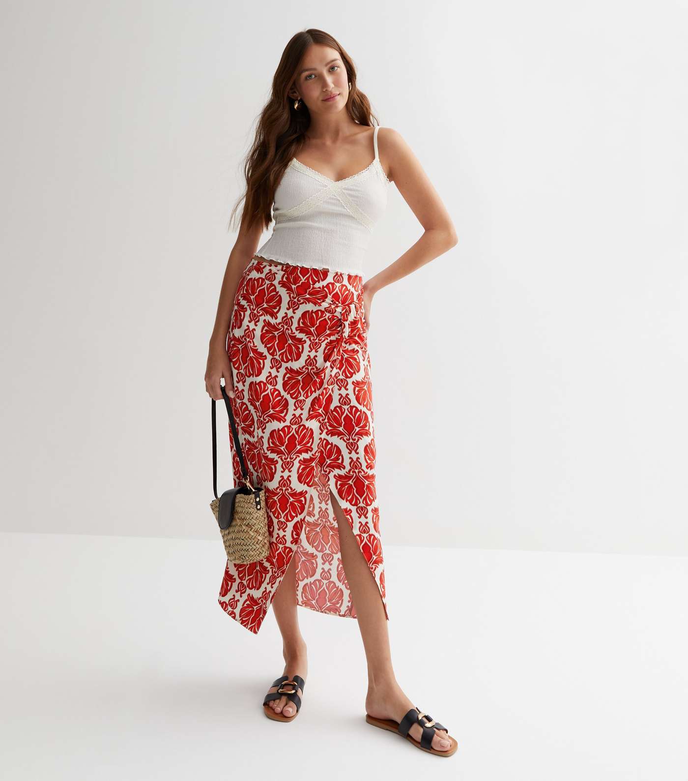 Red Tile Print Twist Front Midi Skirt