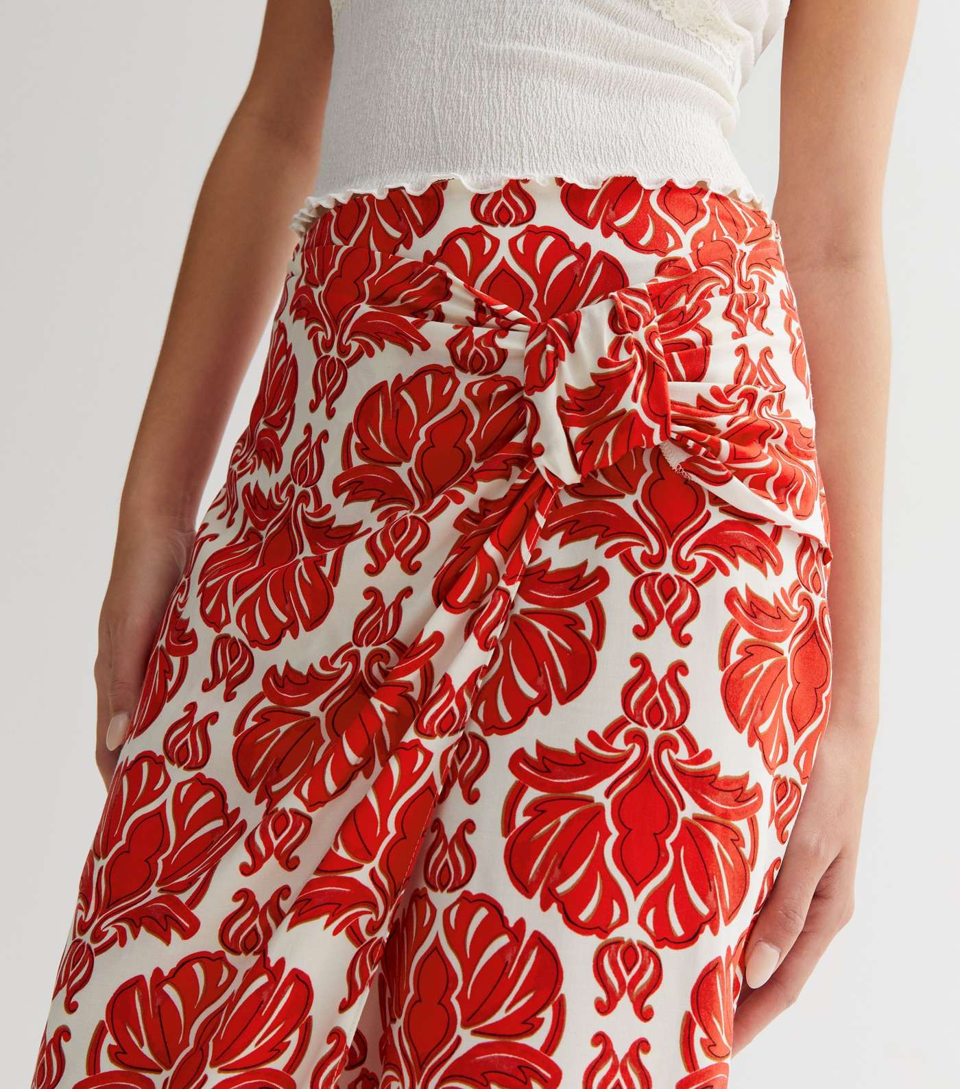 Red Tile Print Twist Front Midi Skirt Image 3