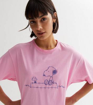 Bright Pink Snoopy Sketch Oversized T-Shirt New Look