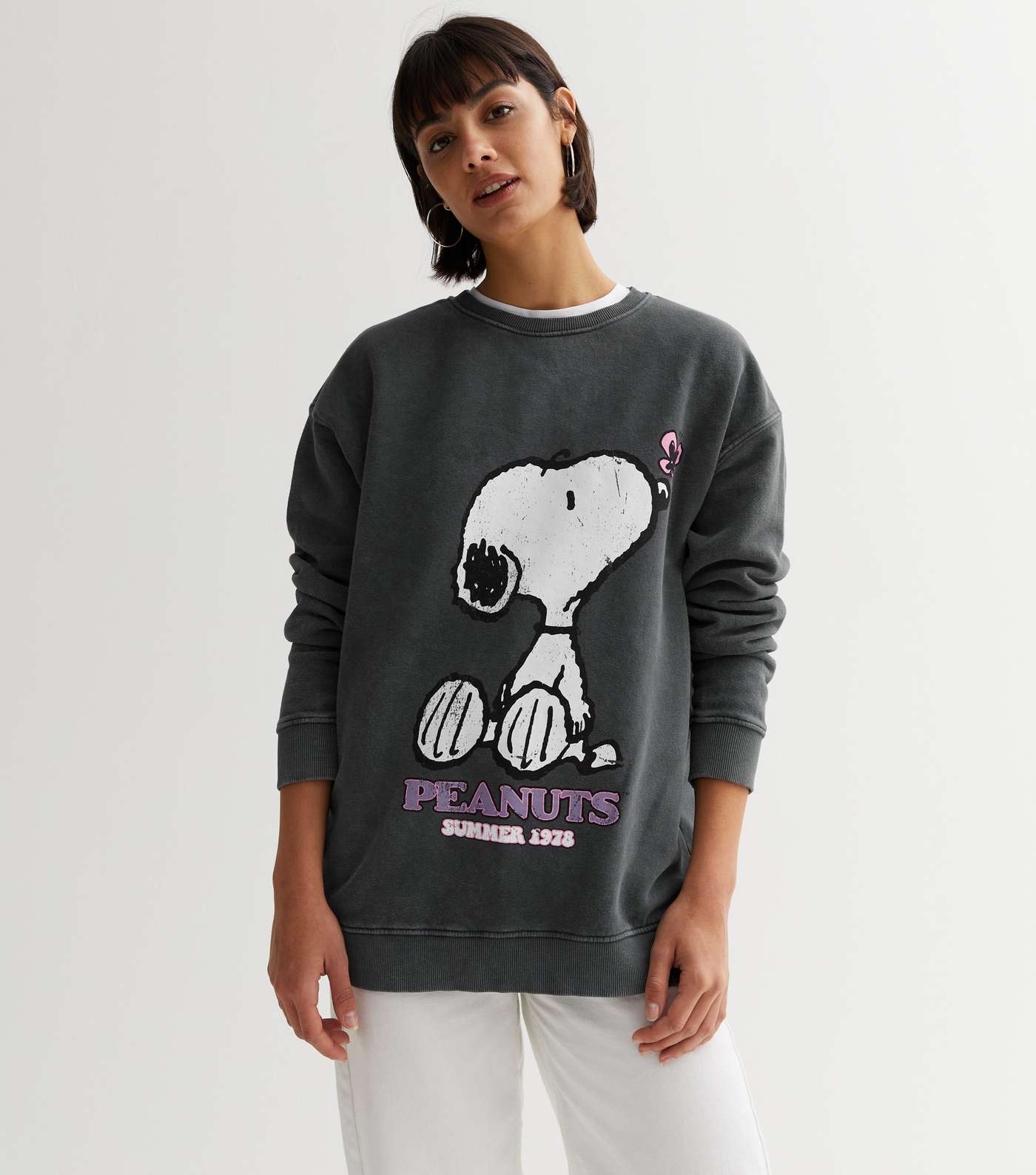 Dark Grey Snoopy Acid Wash Jersey Logo Sweatshirt Image 2