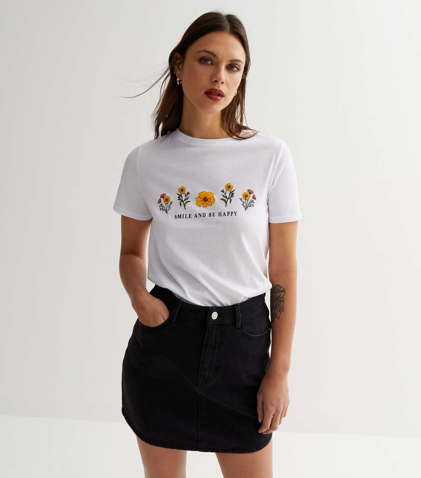 White Logo Smile and Be Happy Flower T-Shirt Image 2