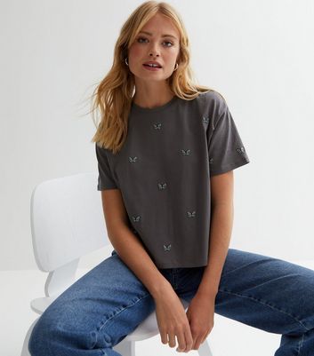 Dark Grey Butterfly Embroidered Boxy T-Shirt | New Look