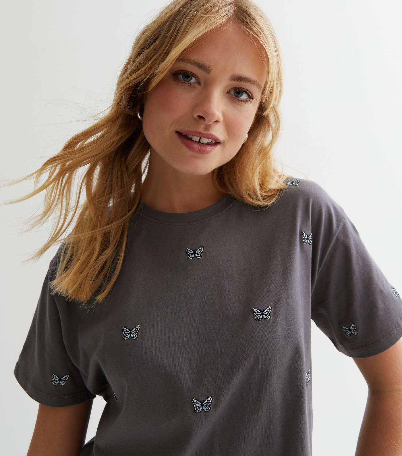 Dark Grey Butterfly Embroidered Boxy T-Shirt Image 2