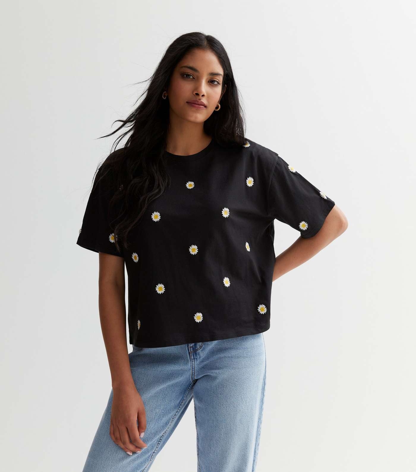 Black Sunflower Embroidered Boxy T-Shirt