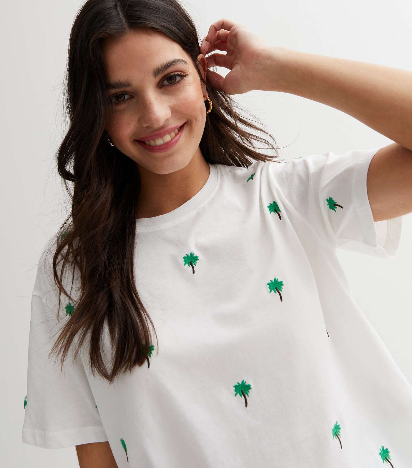 White Palm Tree Embroidered Cotton Boxy T-Shirt