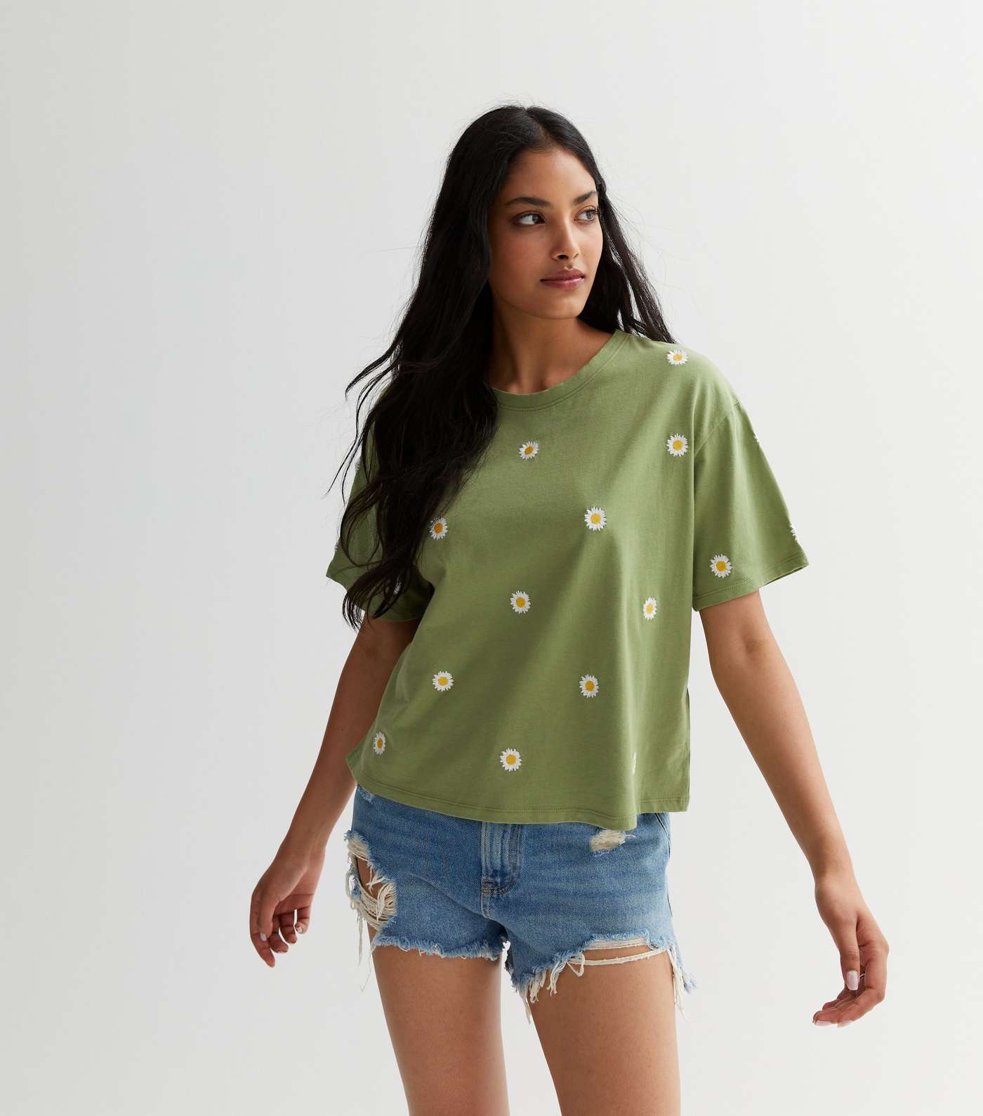 Khaki Daisy Cotton Embroidered Boxy T-Shirt