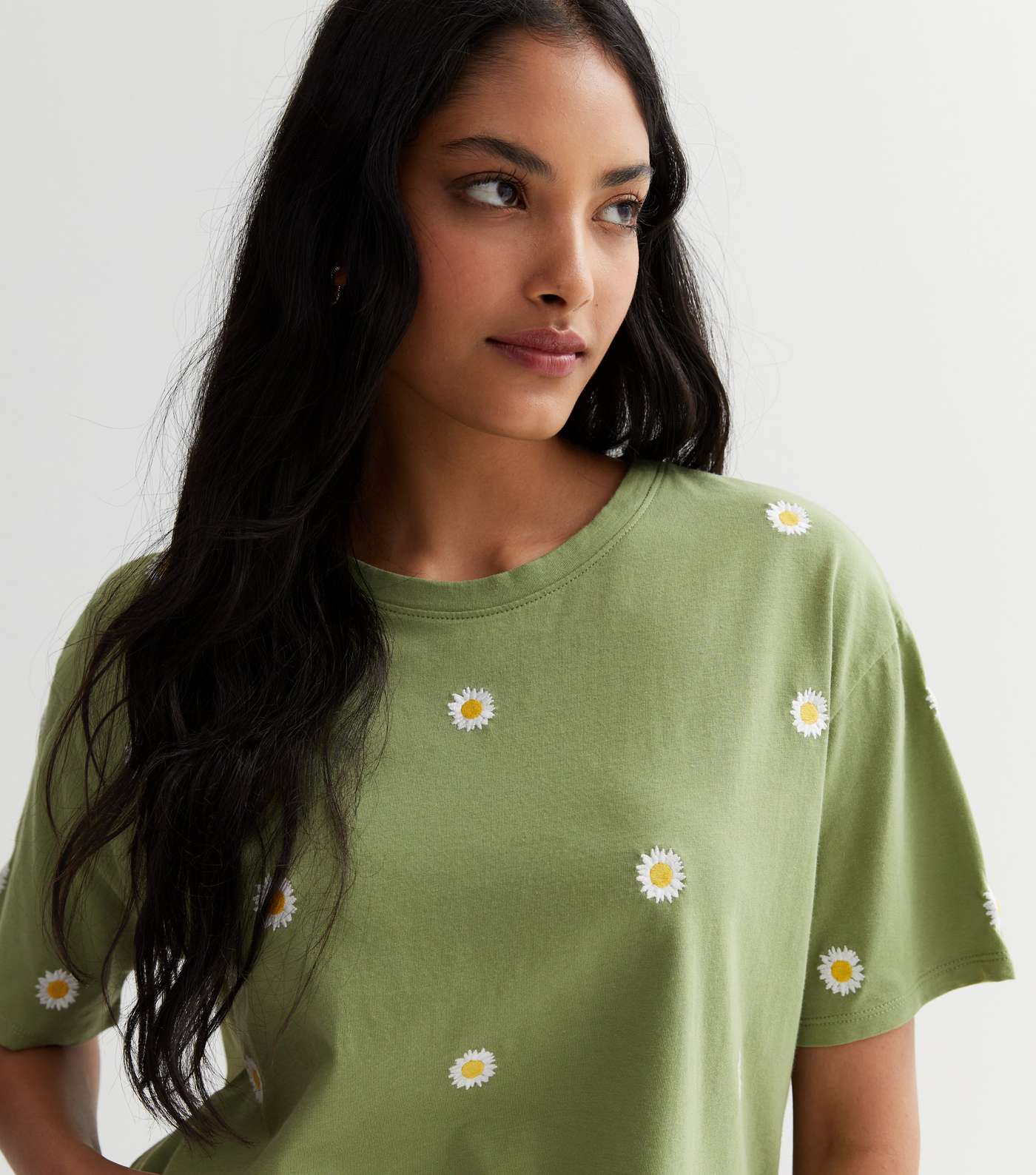 Khaki Daisy Cotton Embroidered Boxy T-Shirt Image 3