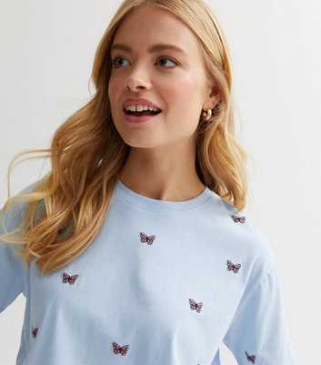 Pale Blue Butterfly Embroidered Boxy T-Shirt