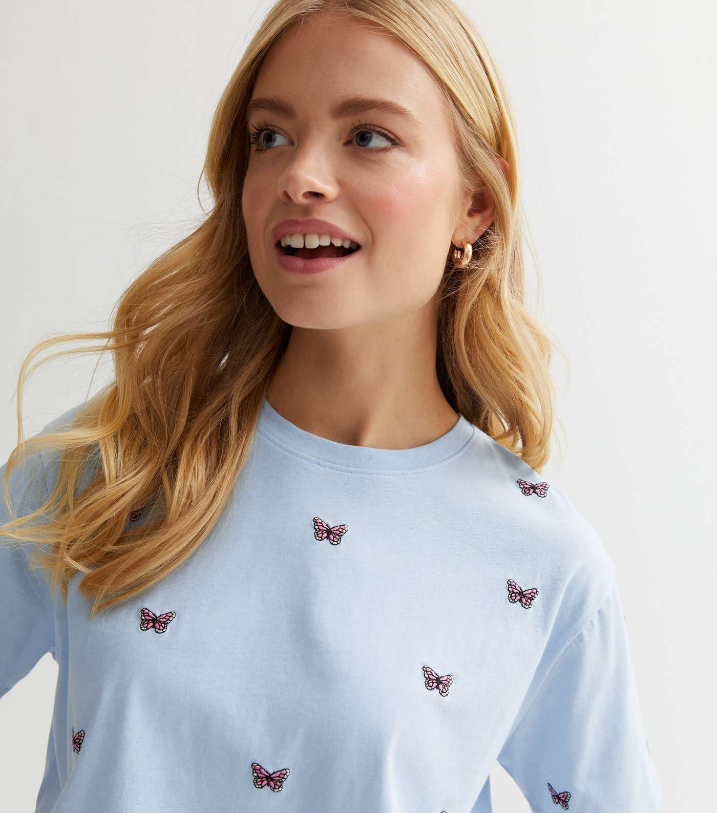 Pale Blue Butterfly Embroidered Boxy T-Shirt