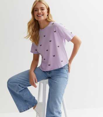 Lilac Butterfly Embroidered Boxy T-Shirt