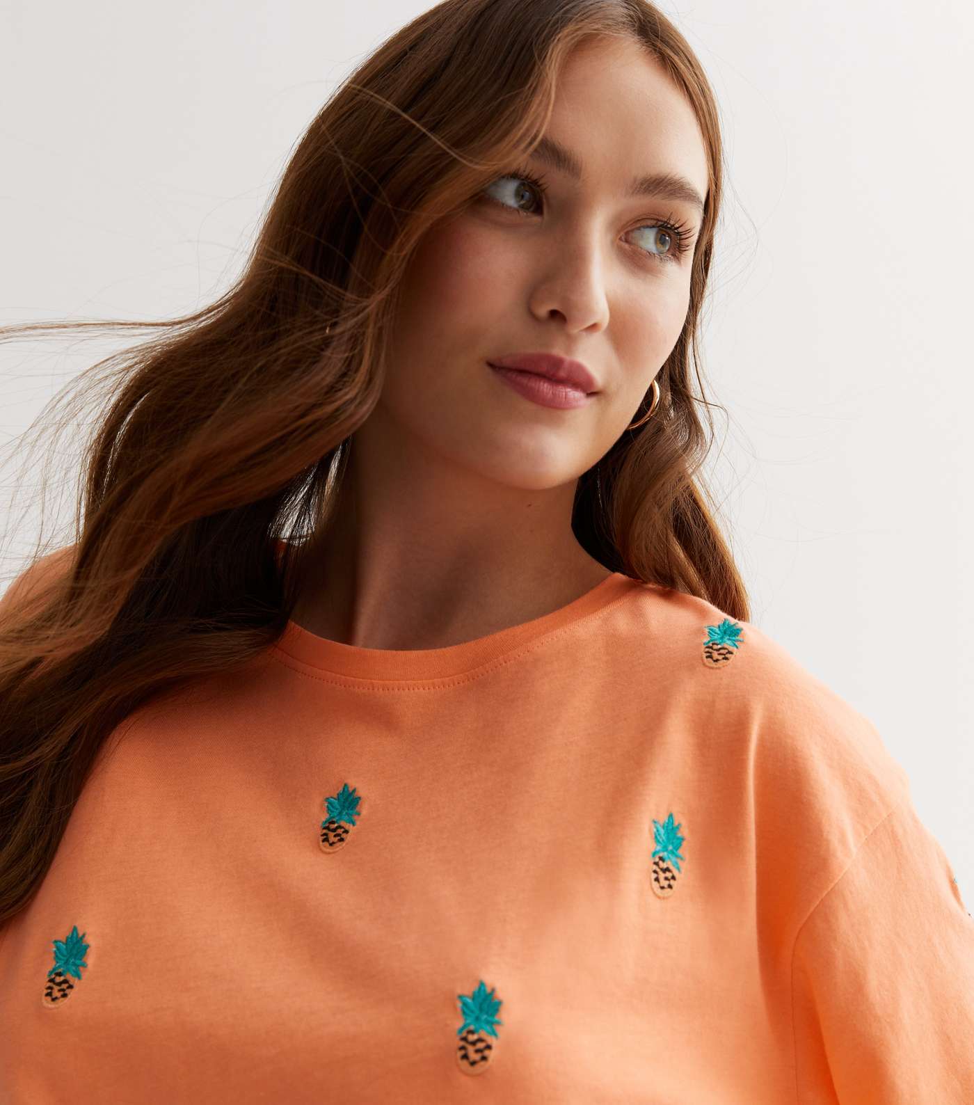 Coral Pineapple Embroidered Boxy T-Shirt