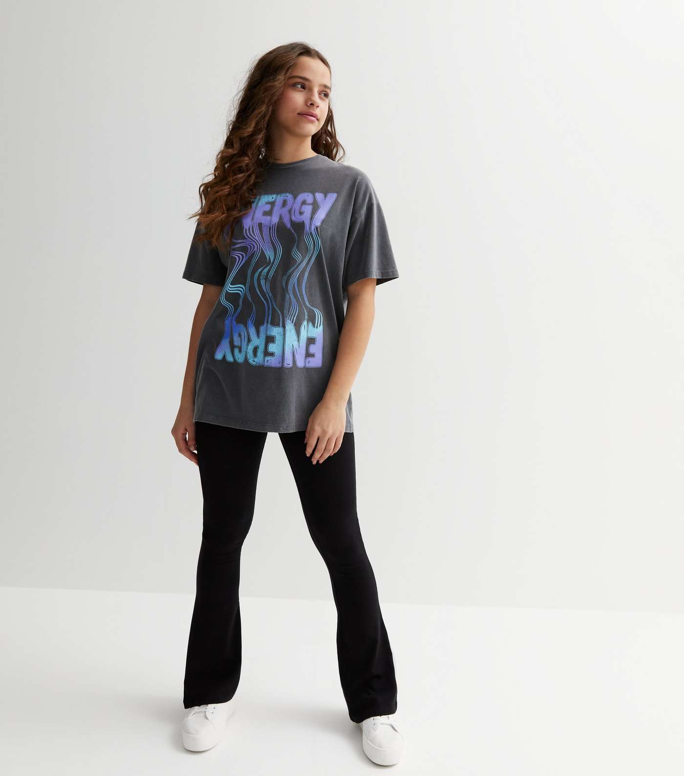Girls Dark Grey Ombré Energy Logo Long Oversized T-Shirt Image 2