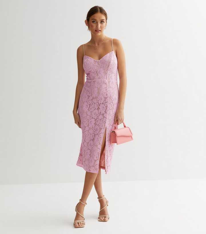 Premium Bright Pink Lace Bodycon Midi Dress New Look