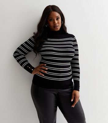 Curves Black Stripe Knit Button Cuff Jumper New Look