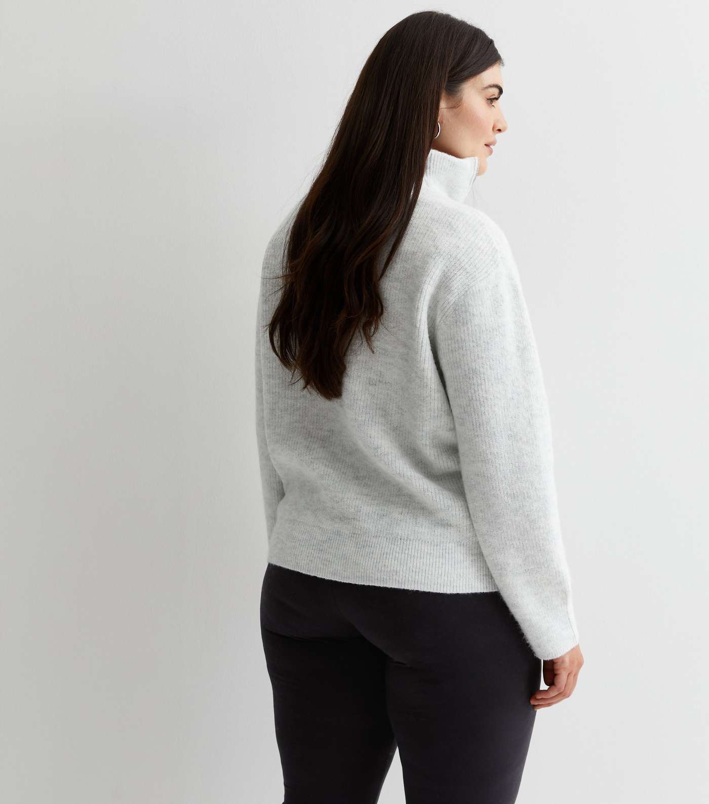 Curves Pale Grey Knit Zip Neck Sweatshirt Image 4