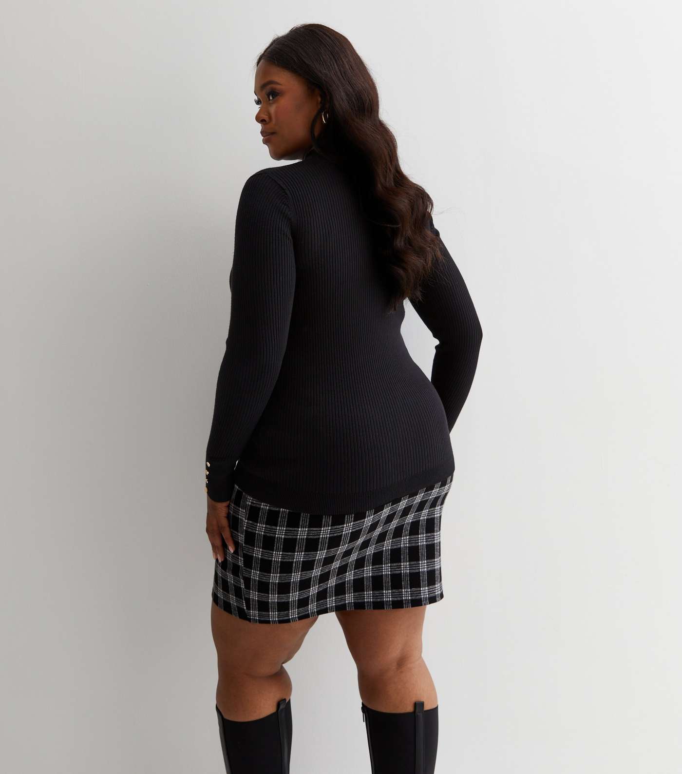 Curves Black Ribbed Knit Button Cuff Jumper Image 4