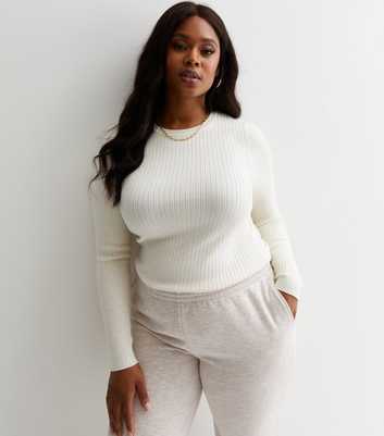 Curves White Ribbed Knit Crew Neck Jumper