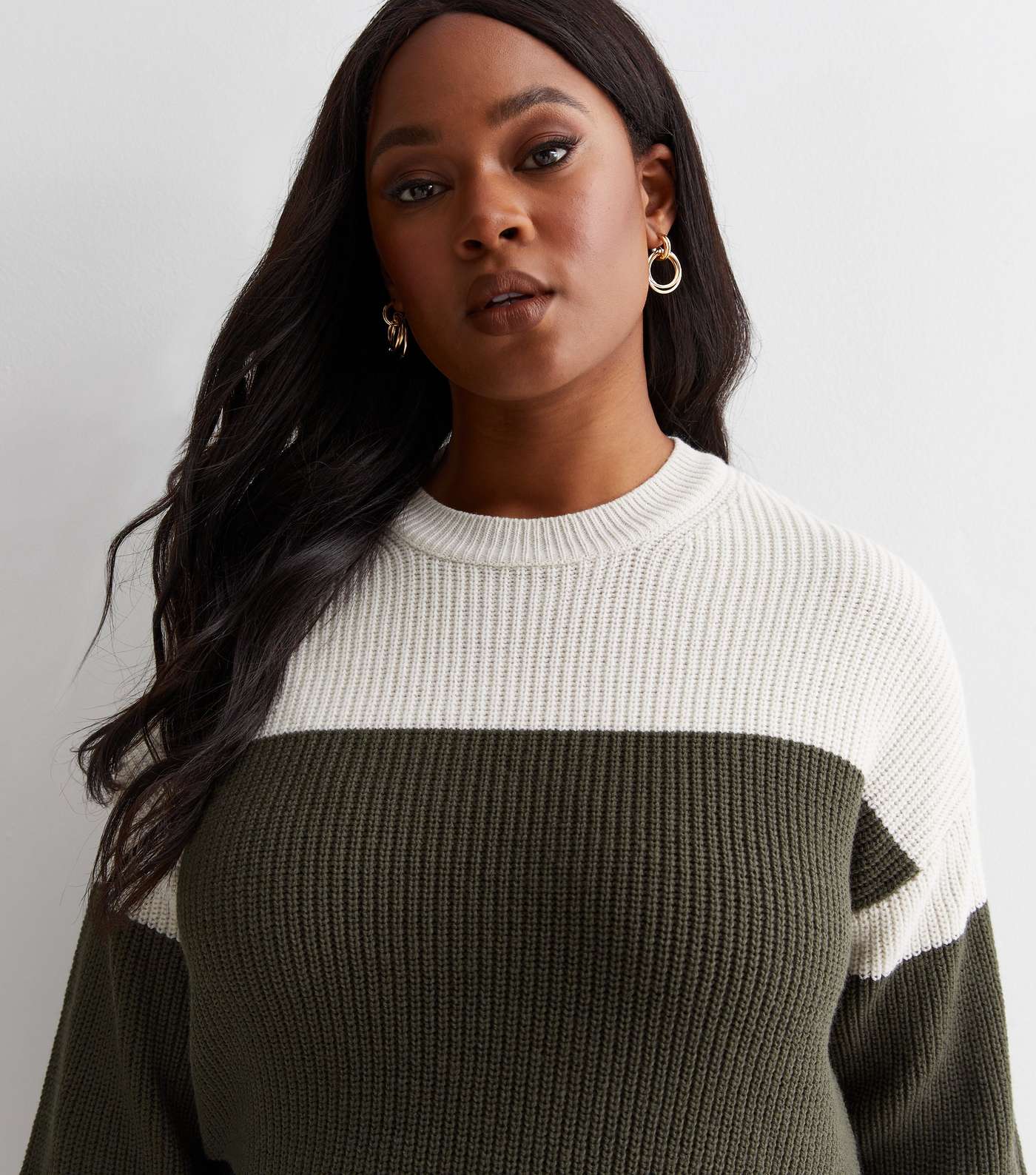 Curves Green Colour Block Ribbed Knit Jumper Image 3