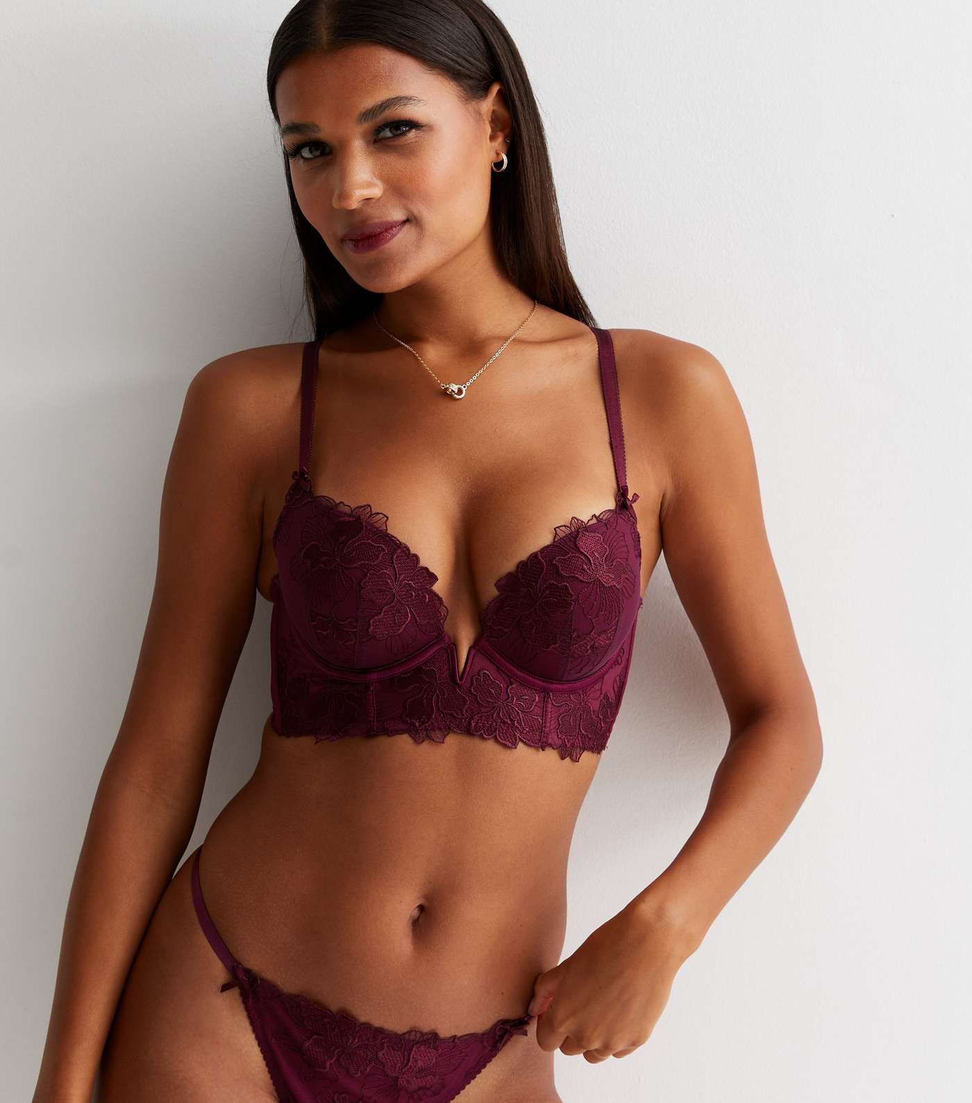 Burgundy Floral Embroidered Push Up Corset Bra