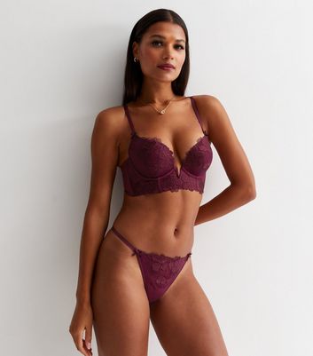 Burgundy Floral Embroidered Thong New Look