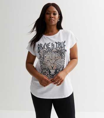 Curves White Leopard Brave & True Logo T-Shirt