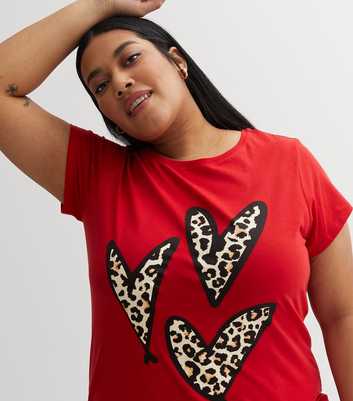 Curves Red Heart Leopard Print Short Sleeve T-Shirt