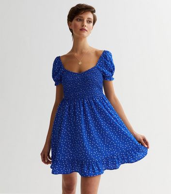 Blue Spot Crepe Shirred Mini Dress | New Look