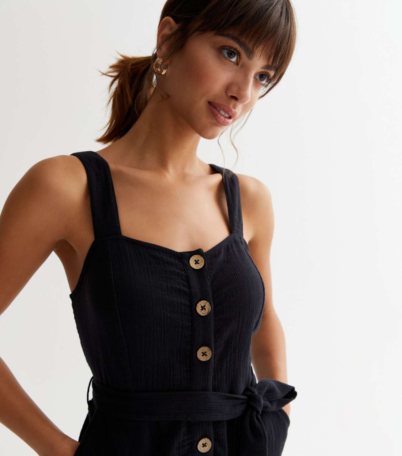 Black Textured Button Front Playsuit Image 3