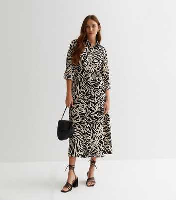 Black Animal Print Tie Waist Midi Shirt Dress