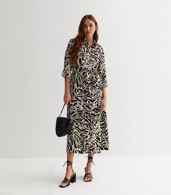 Black Animal Print Tie Waist Midi Shirt Dress