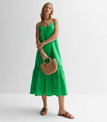 Green Cotton Embroidered Strappy Midaxi Dress