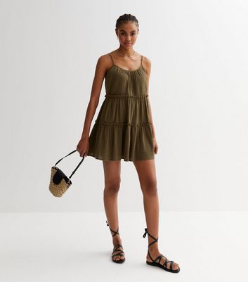 Khaki Strappy Tiered Mini Dress New Look