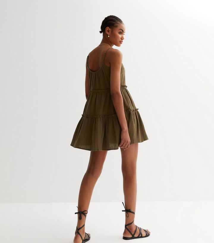 Khaki Strappy Tiered Mini Dress