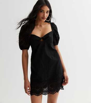 Black Broderie Twist Front Mini Dress