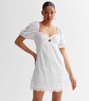 White Broderie Twist Front Mini Dress