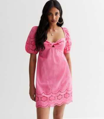 Pink Broderie Twist Front Mini Dress