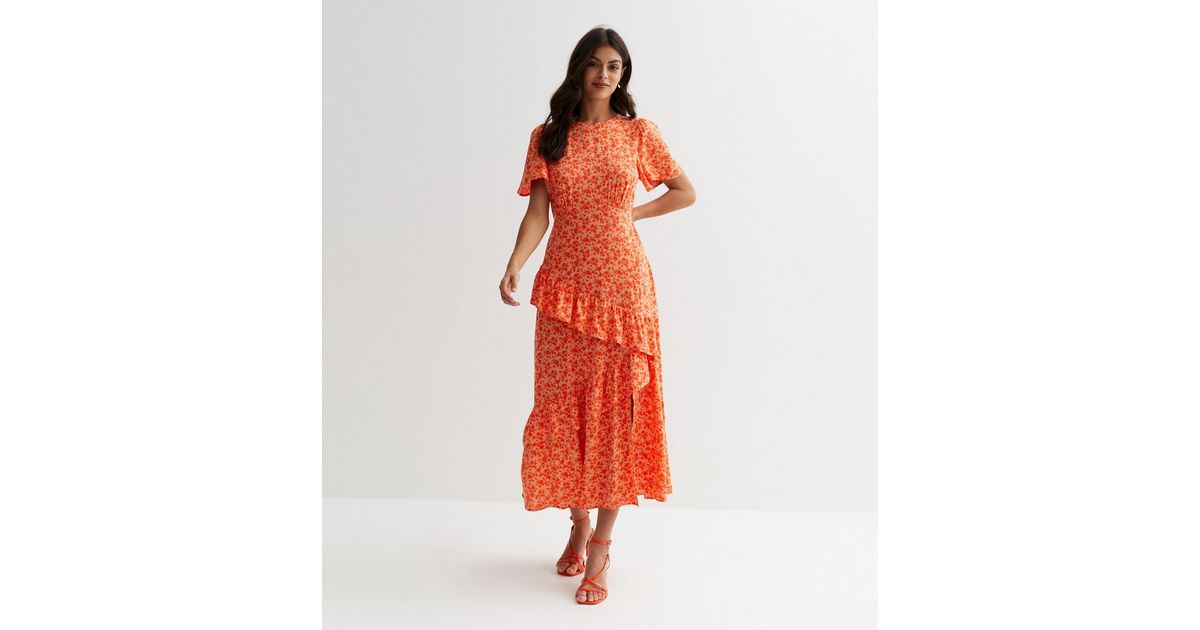 Orange Floral Flutter Sleeve Split Hem Midi Dress | New Look